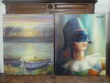 tableau représentant une femme portant un masque et un bateau posé sur une table