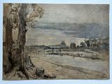 dessin représentant une vue sur une rivière avec un pont au loin