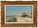 un tableau représentant une scène de plage avec des maisons et un bateau