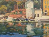 peinture représentant des bateaux dans un port, avec des bâtiments et des arbres en arrière-plan