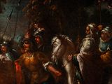 painting of a group of men riding on horses in a wooded area