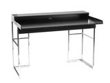 a black desk with a metal frame and a drawer underneath it