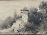 dessin représentant un château sur une colline, avec un cheval et une calèche au premier plan
