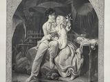 an old black and white drawing of a man and a woman sitting on a horse