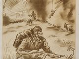 an old poster of a soldier with a parachute flying over him