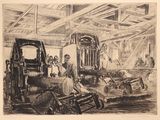 dessin représentant une usine où des ouvriers travaillent sur des machines et des équipements industriels