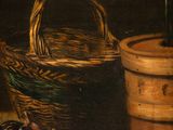 a painting of a basket and a basket of fruit on a table