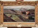 an image of a painting of a train on a track with a bridge in the background