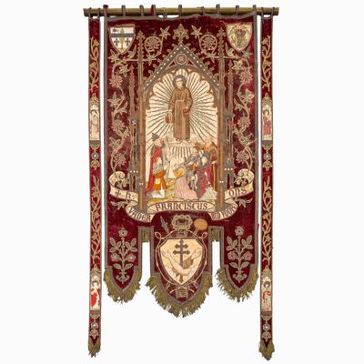 an image of a red and gold banner with a picture of the virgin of guadalupe on it