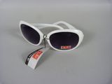 pair of white sunglasses with black lenses sitting on a white surface