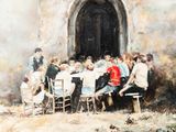 une peinture représentant un groupe de personnes assises à une table