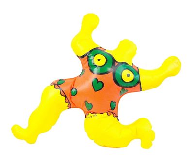 an inflatable toy of a yellow and green frog