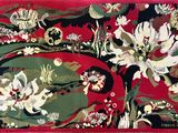 une photo d'un tapis rouge et vert orné de fleurs