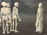a painting of three skeletons standing next to each other