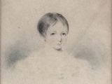 a black and white drawing of a young girl in a white dress