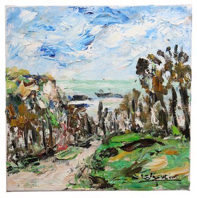 un tableau représentant un paysage avec des arbres et de l'eau en arrière-plan