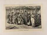 an old drawing of a group of people standing around a fence