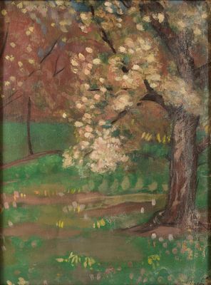 an oil painting of a tree in a field with a path