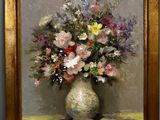 a painting of flowers in a vase on a table