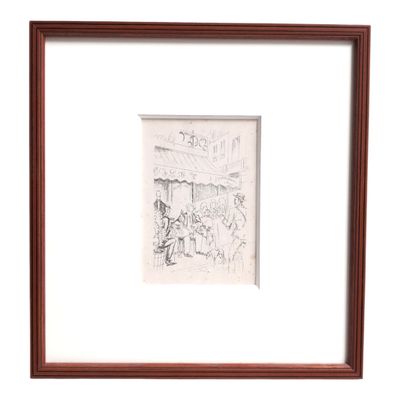 drawing of a street scene in a frame with a man sitting at a table