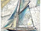 drawing of a sailboat on a map with a city in the background