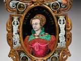 un gros plan sur un tableau représentant une femme en robe rouge