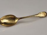 a gold spoon on a white surface with a spoon in the middle