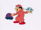 animation cel of a man in a red robe holding a blue bird