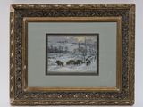 an image of a painting of a winter scene with animals in the snow