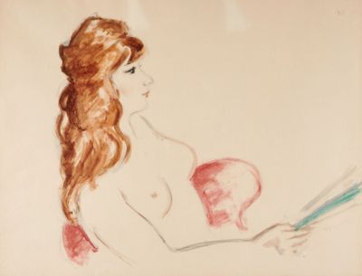 dessin représentant une femme en robe rouge tenant un livre