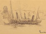 dessin représentant un bateau sur un plan d'eau, avec une ville en arrière-plan
