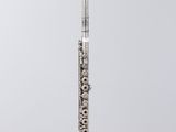 a silver flute on a clear stand against a white background