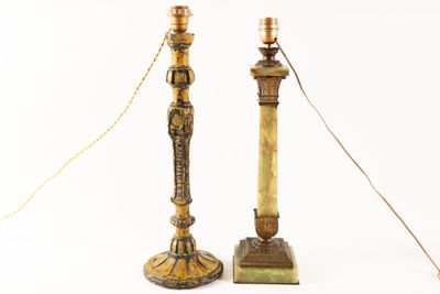 pair of antique brass candlesticks on marble bases