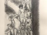 a black and white drawing of a group of people riding horses