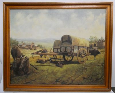 peinture d'un chariot couvert avec du bétail dans un champ avec des montagnes en arrière-plan