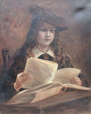 tableau représentant une jeune fille assise à une table en train de lire un livre