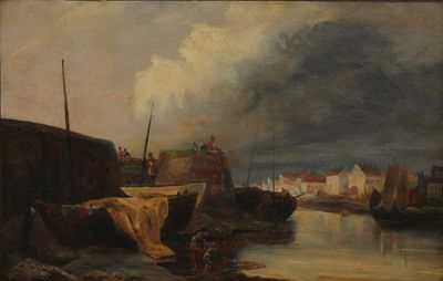 an image of a painting of a harbor scene with boats in the water