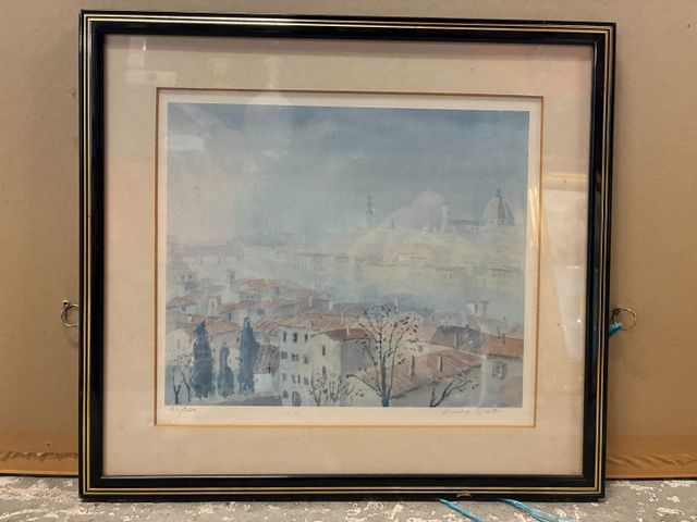 Lithographie « vue de ville ». Signature à identifier et justifié