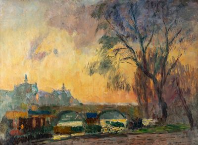 une peinture à l'huile représentant un train traversant une campagne rurale