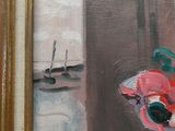 a painting of a red flower in a vase on a table
