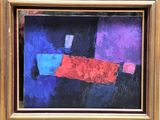 painting of a red, blue, and purple block on a black background