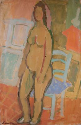 une peinture à l'huile représentant une femme debout devant une chaise