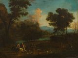 painting of a wooded landscape with a river and people on horseback