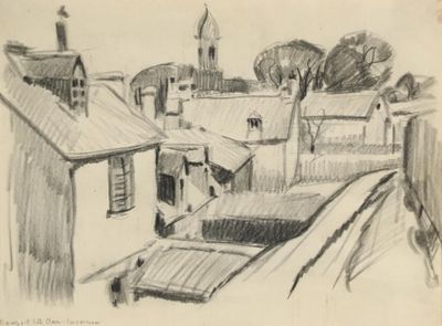 dessin représentant une vue d'une ville avec le clocher d'une église en arrière-plan