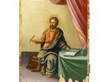 une image représentant un tableau où l'on voit Jésus assis à une table avec un chat
