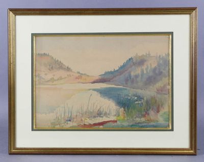 framed watercolor painting of a lake with a boat in the foreground