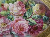 a painting of pink roses in a bowl on a table