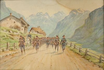 tableau représentant un groupe de soldats marchant sur une route devant une chaîne de montagnes