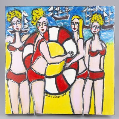 tableau représentant trois femmes en maillot de bain tenant une bouée de sauvetage