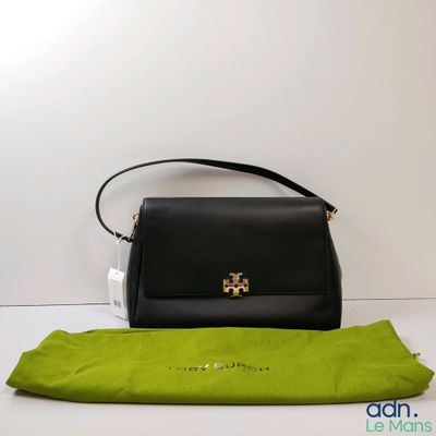 black leather handbag with a green cloth and a black purse